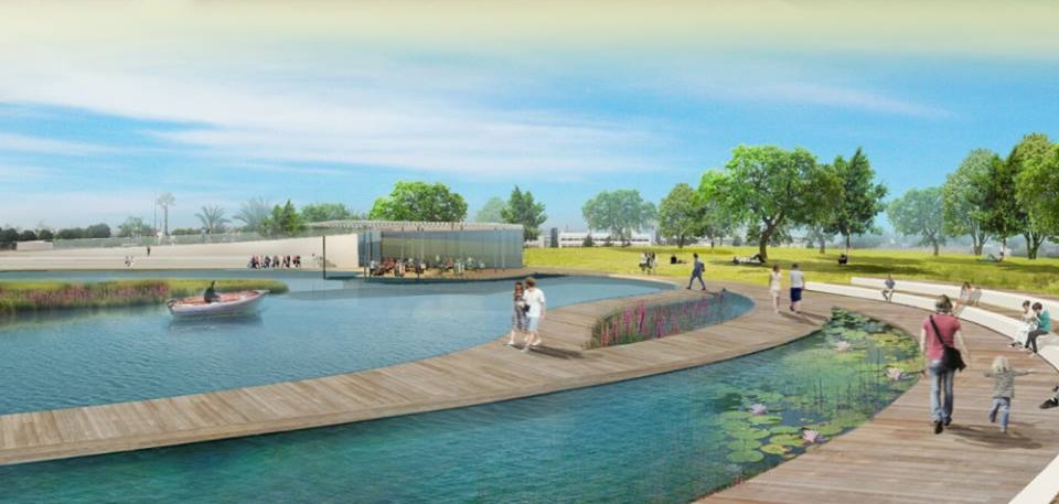 הדמיית האגם המלאכותי בפארק הגדול בפתח תקווה ע"ש עוזי חיטמן שצפוי להפתח ב-2018